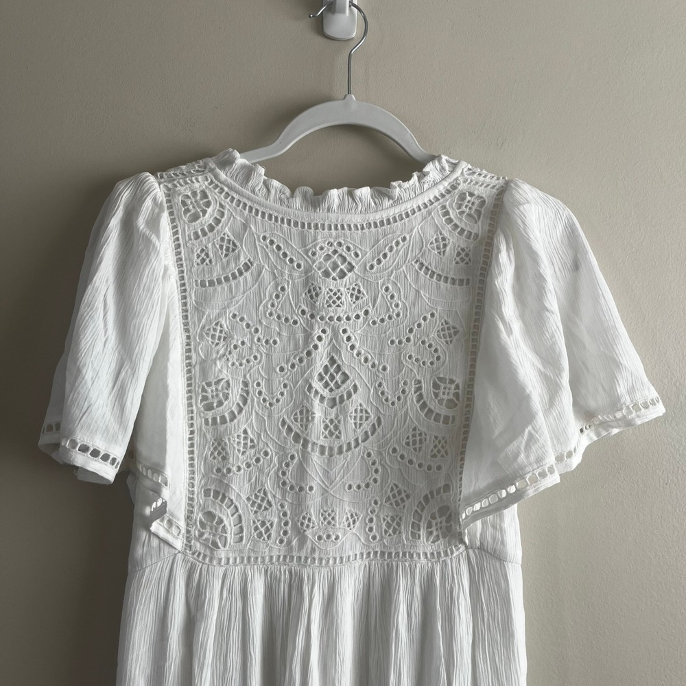 Maison 123 Paris White Eyelet Embroidery Midi Dress Size L Flutter Sleeve Ruffle - Picture 6 of 7